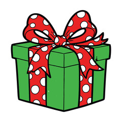 Green gift box with red bow and white polka dots