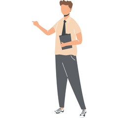 Man in Tan Shirt and Gray Pants with Tie Holding a Clipboard and Pointing Left on White Background