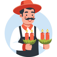 Man in Traditional Hat and Overalls Holding Four Red Candles with Green Leaves and Small Flames against a Light Blue Circular Background Festive Celebration Concept