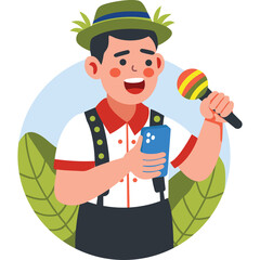 Man in Traditional Bavarian Outfit Singing into Microphone Holding Mobile Phone Outdoors With Green Foliage and Light Blue Sky Background Wearing Green Hat With Feathers and Red Vest
