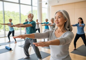 Senior adults practice yoga together in a bright, airy studio for wellness