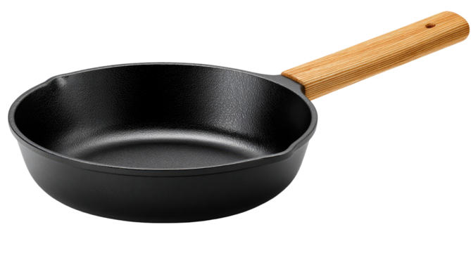 Black cast iron saucepan with wooden handle