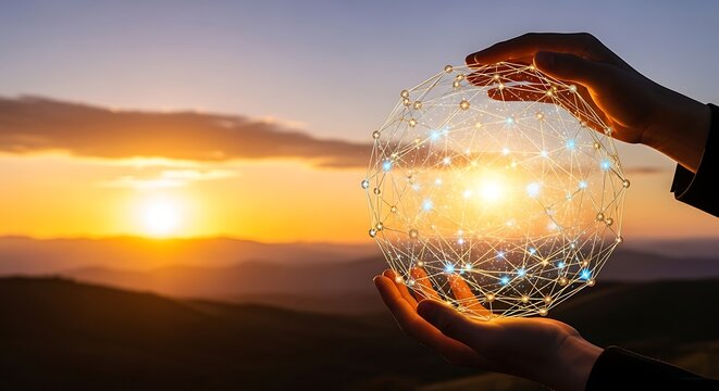Abstract Connection Sphere Over Mountain Sunset View