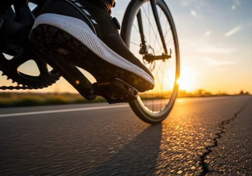 Cyclist's foot on a bicycle pedal during a golden sunset ride on the open road - Powered by Adobe