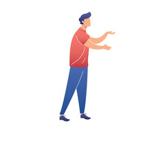 Man In Orange Shirt And Blue Pants Standing And Gesturing With Hands In A White Background With Transparent Background