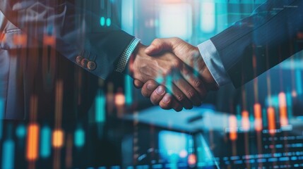 Two business professionals shake hands in a modern office setting. Digital graphs and data overlays suggest a focus on finance and technology.