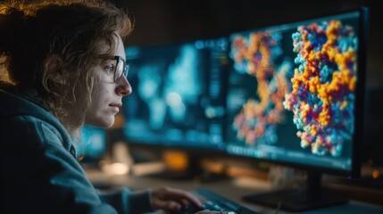 Young female biologist uses molecular modeling software to study protein structures on a computer for medical disease and vaccine development