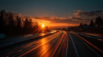 Highway at sunset with light trails of passing vehicles in motion captured using long exposure creating a sense of speed and time passing