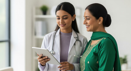 Indian Doctor Shares Digital Medical Information with Smiling Patient