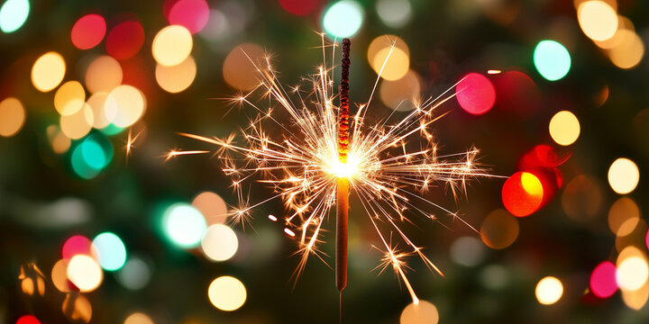 Lit Sparkler Against Christmas Tree Bokeh - Powered by Adobe