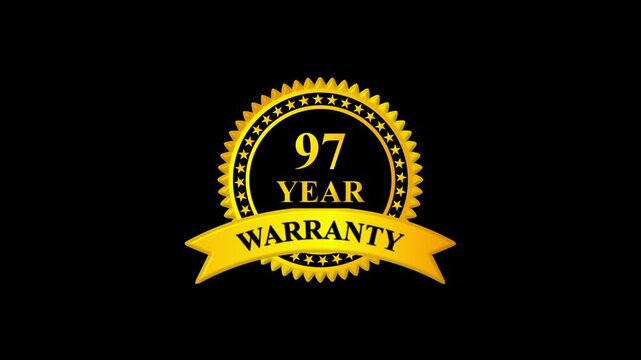 Golden 97 year warranty badge with ribbon on black background, premium quality guarantee label, certification seal, quality assurance, product guarantee seal, metallic gold warranty