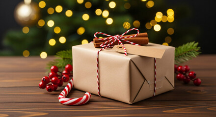 Brown Christmas gift box with a blank tag on rustic wooden table.