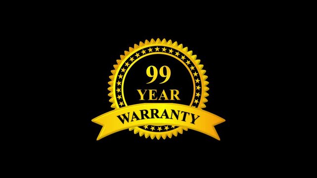 Golden 99 year warranty badge with ribbon on black background, premium quality guarantee label, certification seal, quality assurance, product guarantee seal, metallic gold warranty