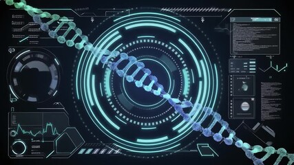 Seamless loop animation of biotech hud interface converging with dna strands and rotating futuristic abstract digital data visuals - Powered by Adobe