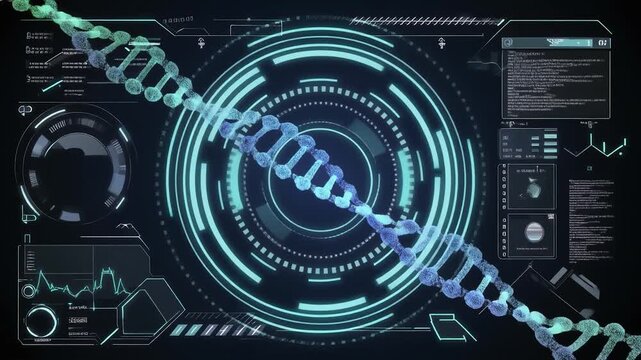 Seamless loop animation of biotech hud interface converging with dna strands and rotating futuristic abstract digital data visuals - Powered by Adobe