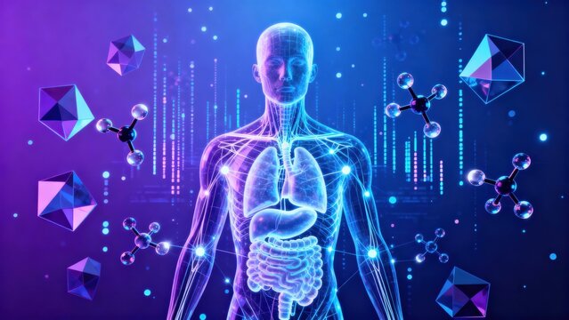 Visual representation of human anatomy with data elements and molecular structures in a digital style.