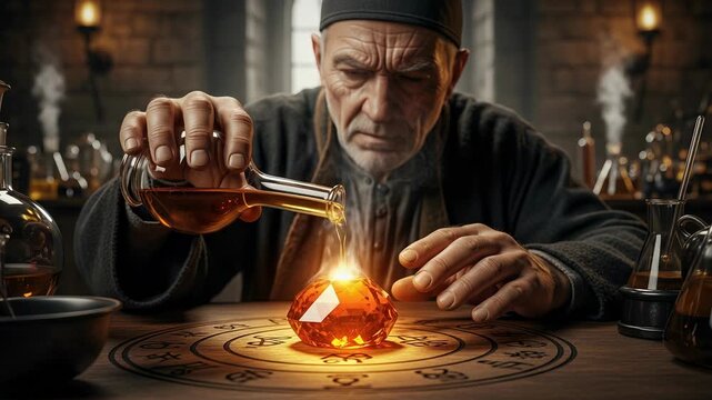 Golden liquid flows as alchemist crafts mystic potion with glowing philosopher's stone