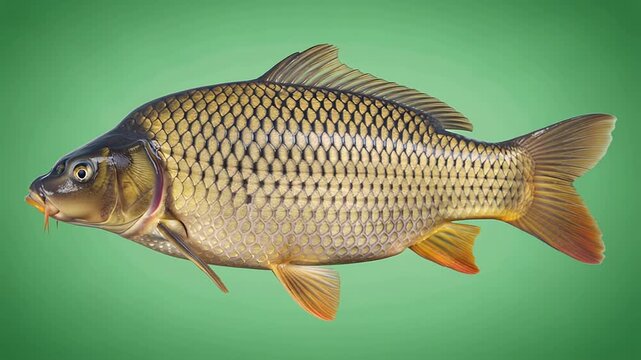 Carp swims gracefully through water, mouth opening and closing gently while gliding forward