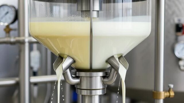 Centrifugal cream separator shows milk being separated into cream and skim milk layers clearly
