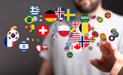 A visual representation of international flags in a digital context, suggesting concepts like global communication, cultural exchange, and digit