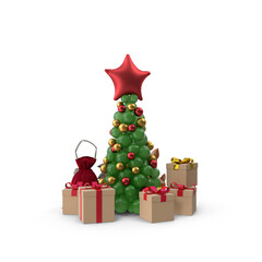 Festive balloon christmas tree with star and presents for holidays.