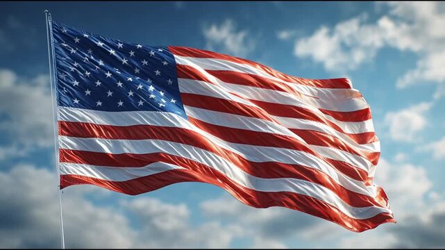 Flag of America, USA waiving, blue sky background