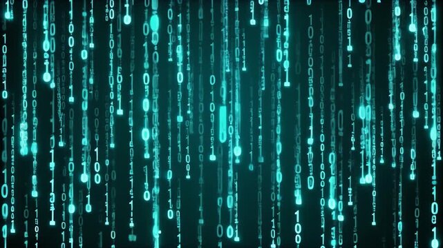 Seamless loop animation of cyan glowing matrix code raining downward in vertical streams with smooth abstract futuristic flow