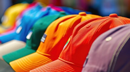 A row of colorful baseball caps in various shades including blue, green, orange, red, and purple. The caps are neatly arranged on a display.