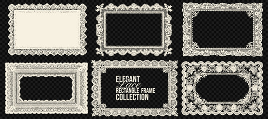 Ornamental lace pattern border vector set. Floral beige embroidery trim frame with detailed mesh and botanical edges. Elegant vintage rectangle illustration for wedding cards, collage or scrapbook