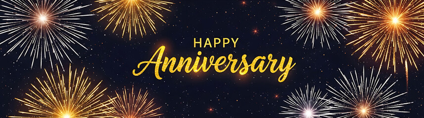 Happy Anniversary Sparkling Banner with Fireworks | Panoramic Holiday Header for Website and Celebration