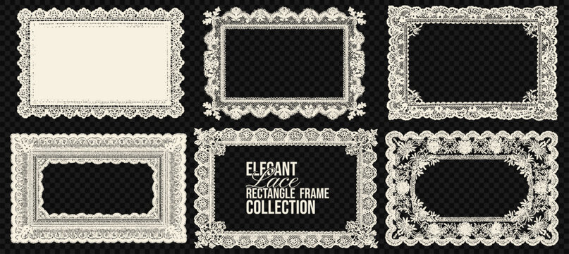 Ornamental lace pattern border vector set. Floral beige embroidery trim frame with detailed mesh and botanical edges. Elegant vintage rectangle illustration for wedding cards, collage or scrapbook