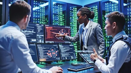 Tech professionals collaborate, analyzing data on monitors in a server room - Powered by Adobe