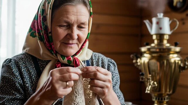 Skilled Russian babushka knitting a delicate lace shawl with her nimble fingers in a cozy wooden home