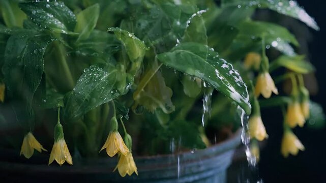 Water gently showers a beautiful potted plant, highlighting its vibrant green leaves and delicate yellow bell flowers. Glistening droplets cling to the rich foliage, creating a visually refreshing spe