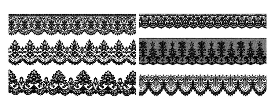 Vintage gothic lace border pattern set. Vector embroidery trim with ornate floral blossom, textured mesh. Decorative ribbon illustration. Botanical elegance stripe shapes for vintage editorial design.