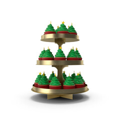 Christmas tree cupcakes on a golden tiered stand for holidays