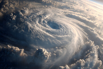 Fototapeta premium Hurricane Melissa 2025. Powerful hurricane seen from space with a clearly defined eye, swirling clouds. Super Typhoon, tropical storm, cyclone, hurricane, tornado, over ocean. Weather background