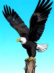 Obraz premium majestic bald eagle about fly from wooden post cool day illustration