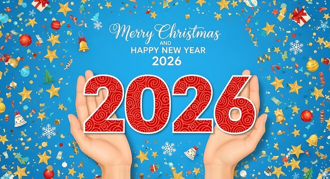 Hands hold large red numbers 2026 with merry christmas and happy new year text against a festive blue background