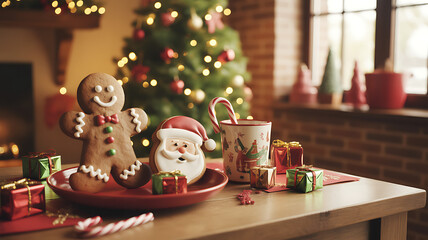 Cozy christmas scene with gingerbread man and santa decorations by a tree