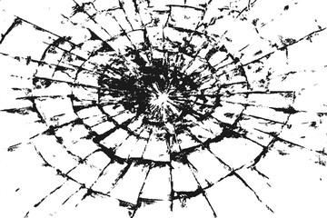 Broken glass shatter vector texture with circular pattern and realistic burst effect. Cracked surface forms radial fragments and debris pieces. Vector shattered glass background.