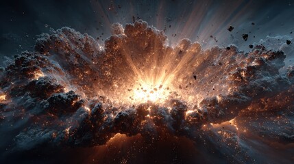 Massive cosmic explosion erupts in deep Space, with bright light illuminating swirling nebulae and scattered debris creating a dramatic celestial event