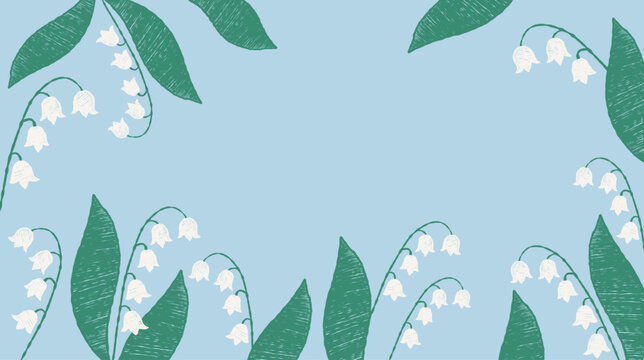 Floral Card with Spring May Lilies of the Valley on Blue Background. Hand-drawn Textured Crayon Horizontal Frame Poster with white forest flowers. Vector illustration. Not AI
