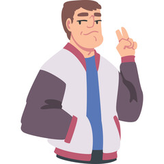 Man Wearing A Bomber Jacket And A Blue T Shirt Making A Peace Sign With His Fingers With A Transparent Background