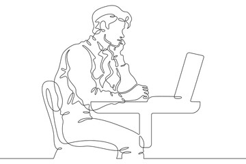 Continuous single line drawing man is sitting at a laptop. A man is working at a computer.Linear . One continuous line isolated minimalist illustration. Not AI.