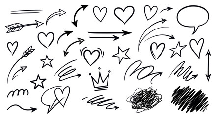 Collection of hand-drawn doodle elements including arrows, hearts, stars, crown, speech bubble, and scribbles.