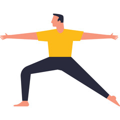 Man Performing Warrior II Yoga Pose with Arms Extended in Yellow T Shirt and Dark Pants Isolated on Transparent Background