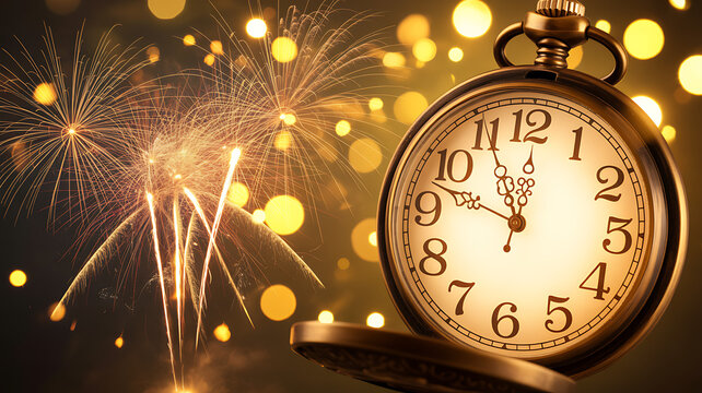 Vintage pocket watch showing midnight with fireworks and bokeh lights