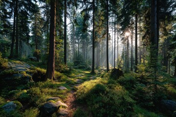 Naklejka premium Morning sunlight piercing through evergreen trees in a bright Forest landscape, sunbeams illuminating mossy rocks and creating a tranquil scene