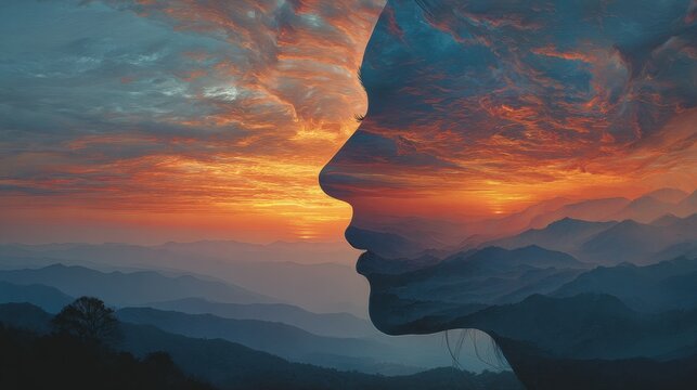 Surreal portrait showing man's profile merged with mountain landscape, golden sunset light shines through pine trees within his mind